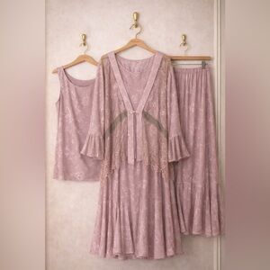 Spencer Alexis Elegant 3 Piece Lace Overlay Midi Set in Mauve